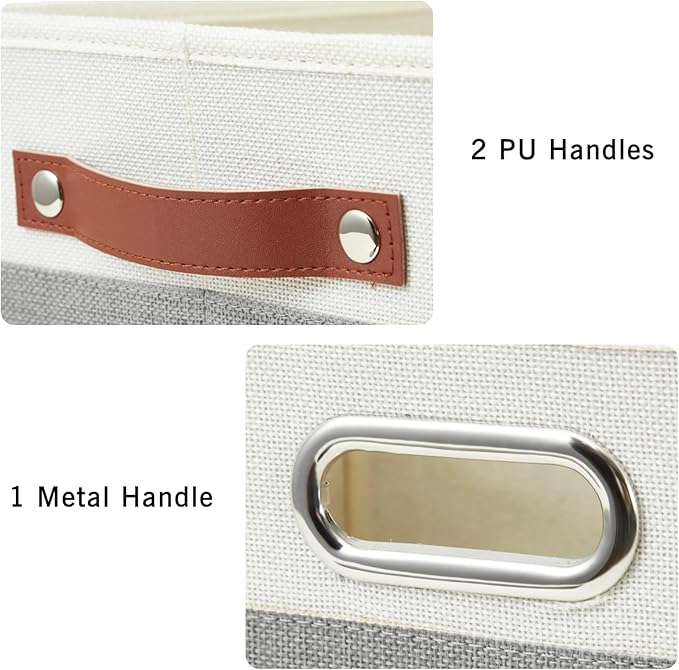 Large Collapsible Fabric Storage Bins with 3 Handles, Foldable Organizer Baskets for Closet, Shelves, Living Room | 3 Pack, Durable PU & Metal Handles (14.9"x9.8"x9.8", Gray & White)-Ruum Studio Home