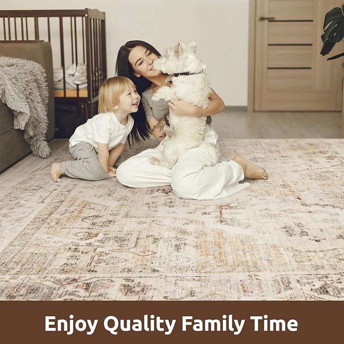 AMOAMI-2X6 Runner Rug-Washable Runners for Hallways-Soft Non Slip Bedside Rugs for Bedroom-Vintage Long Rug for Hallways Entryway Laundry Room Stair Kitchen Bathroom Beige-Ruum Studio Home
