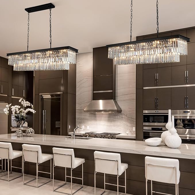 Crystal Chandeliers for Dining Room Light Fixtures Over Table，15-Lights Black Modern Rectangle Chandeliers for Kitchen Island Bar L40 Inch-Ruum Studio Home