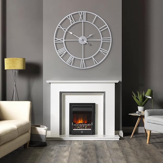 LEIKE 32" Large Modern Wall Clocks,Vintage,Round,Nearly Silent,Little Ticking,Battery Operated,Silver Metal Roman Numerals Clock for Living Room/Bedroom/Kitchen Wall Decor-Ruum Studio Home