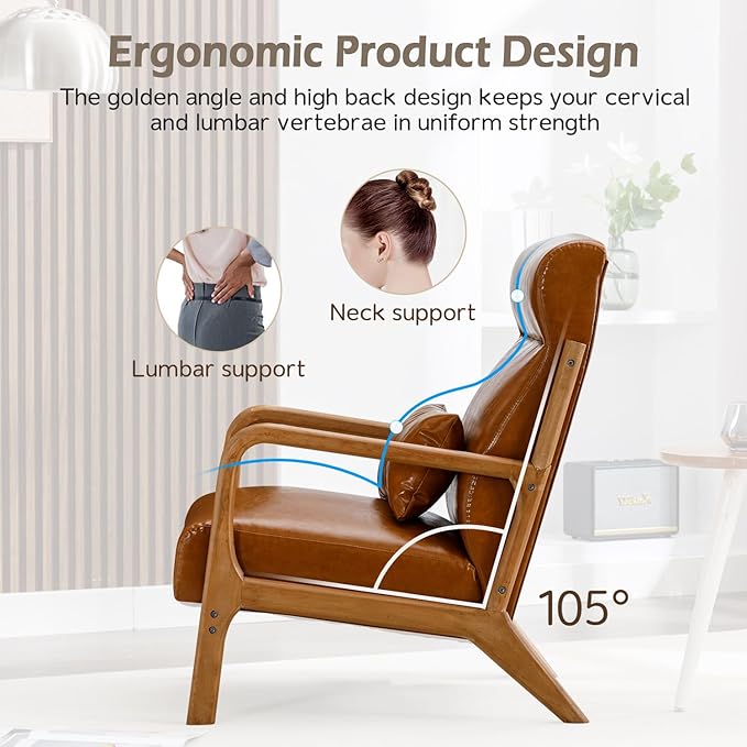 INZOY Mid Century Modern Accent Chair Set of 2, High Back Reading Armchair with Wood Frame, PU Leather Living Room Chairs with Waist Cushion, Single Lounge Arm Chair for Bedroom Sunroom, Camel-Ruum Studio Home