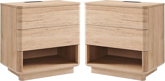 Nightstand Set of 2 with Charging Station, 22" Large Modern Bedside Table with 2 Drawers Storage,Push-to-Open End Table for Bedroom,Living Room,Natural Oak-Ruum Studio Home