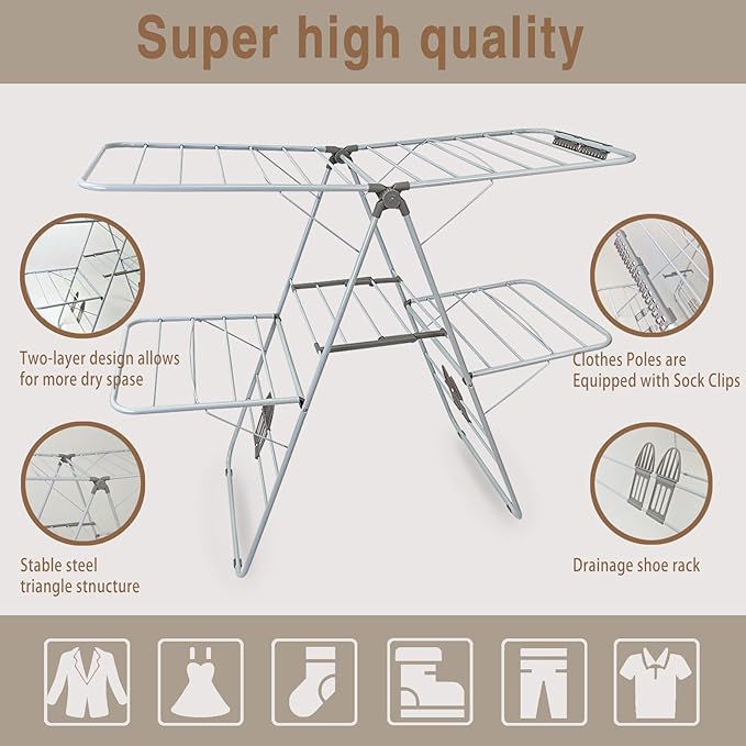 Large Capacity Double Drying Rack, Folding Rustproof Drying Rack with Non-Slip Clips and Drainage Shoe Rack, Height Adjustable, Airy and Quick Drying, Suitable for Balcony and Outdoor Use-Ruum Studio Home
