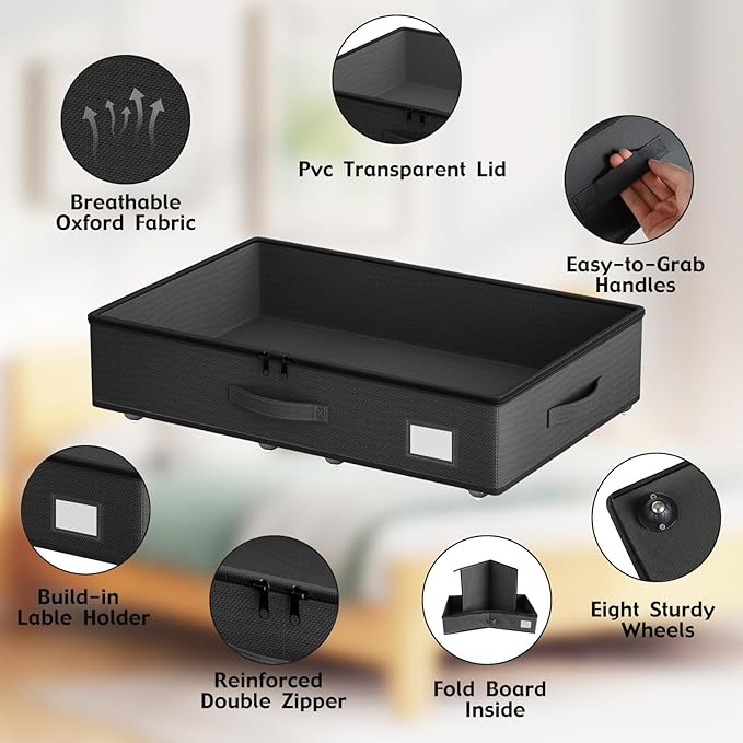 Underbed Storage With Wheels, No Assembly Required - 5.5 Inch Height Black Underbed Bins, Low Profile Rolling Shoe Storage Containers for Dorm-Ruum Studio Home