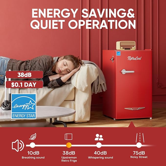 Upstreman 3.2 Cu.Ft Retro Mini Fridge with Bottle Opener, Energy Saving, Adjustable Thermostat, Metal Handle, LED Lamp, Mini Refrigerator for Bedroom, Office, Dorm-BR321 PRO (Red)-Ruum Studio Home