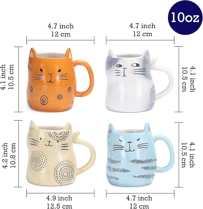 Bico Cartoon Cat Coffee Mugs Set of 4, Cute Ceramic Mugs with Unique Cats Faces, Stoneware Coffee Tea Mug Gifts for Cat Lovers, Women and Men, Microwave and Dishwasher Safe (10 oz)-Ruum Studio Home