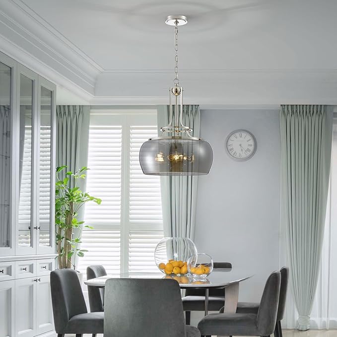 WUZUPS Nickel Chandelier Rustic Farmhouse Industrial Round Ceiling Pendant LED Light Fixture Electroplated Gray Glass Shade for Dining Room Kitchen Island Foyer Entryway, H 20.9" W 15.9", E26 Base-Ruum Studio Home