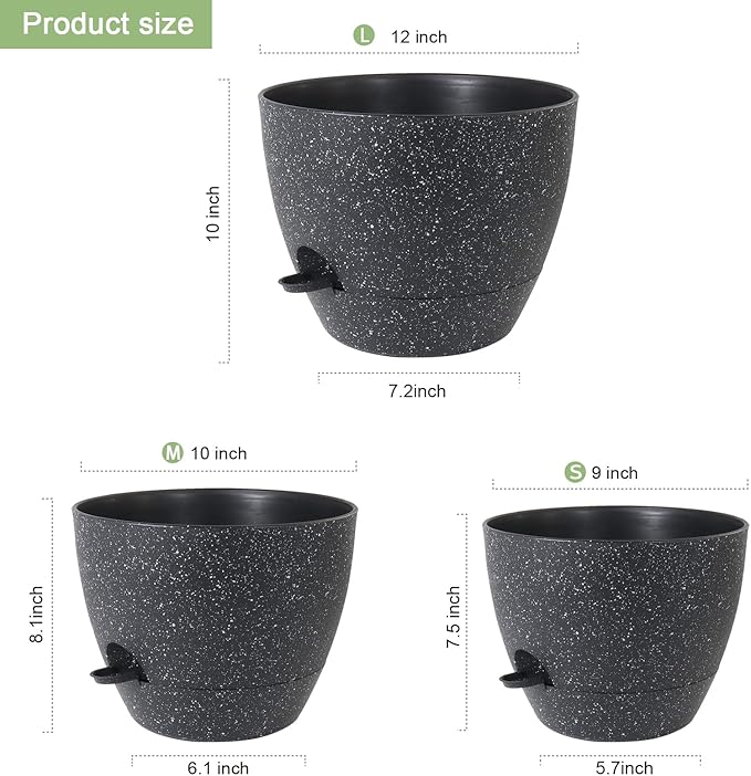 12/10/9 inch Large Self Watering Pots, Planter, Plant Pots with Mesh Drainage Holes for Indoor Outdoor Garden Plants, Plastic Flower Pots with Removable Deep Reservoir, Speckled Black-Ruum Studio Home