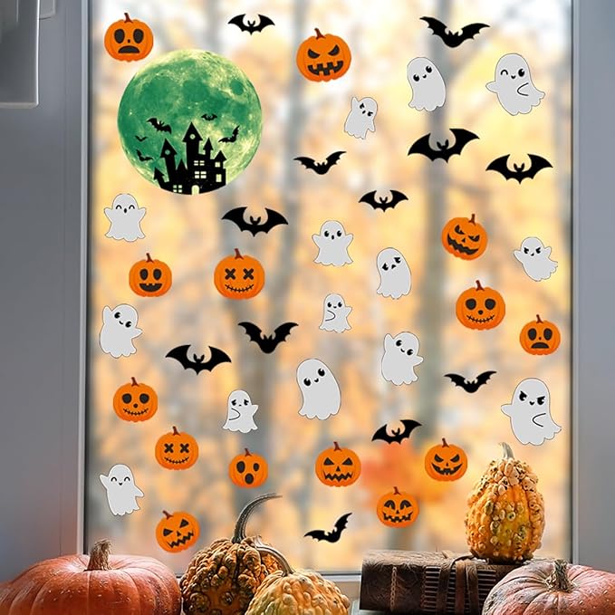 6 Sheets Halloween Window Clings Halloween Window Stickers Double-Sided Removable Castle Pumpkin Ghost Bat Window Decals Decor for Scary Halloween Theme Party Decorations-Ruum Studio Home