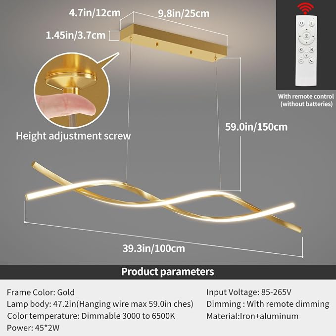 Modern Ceiling Pendant Light, with Remote Control Dimmable 3 Color Mode & Brightness Ceiling Lamp, Anti-Flicker Dining Light Fixture for Kitchen, Dining Room (Gold, 39IN)-Ruum Studio Home