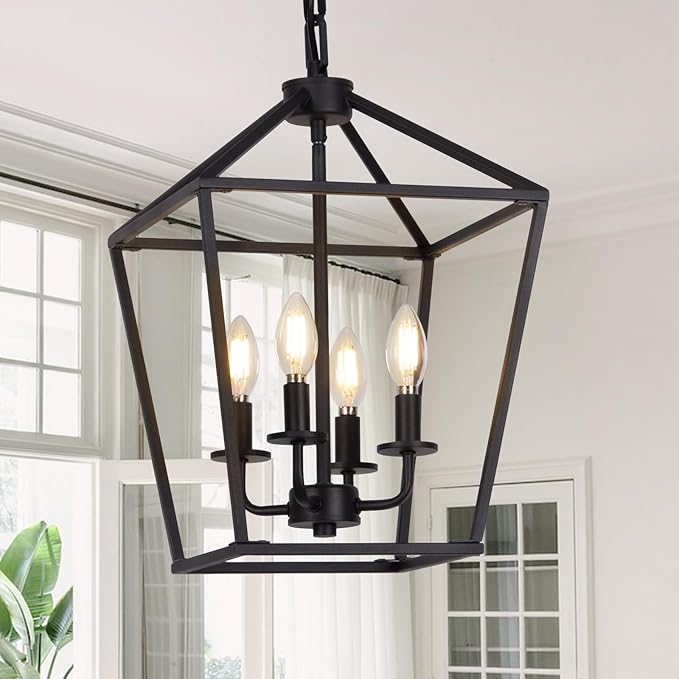 4 Light Chandelier, Industrial Ceiling Light Black Lantern Light Fixtures with Farmhouse Metal Cage Adjustable Height Rustic Geometric Hanging Light E12 Base for Kitchen Island, Entryway, Indoor-Ruum Studio Home