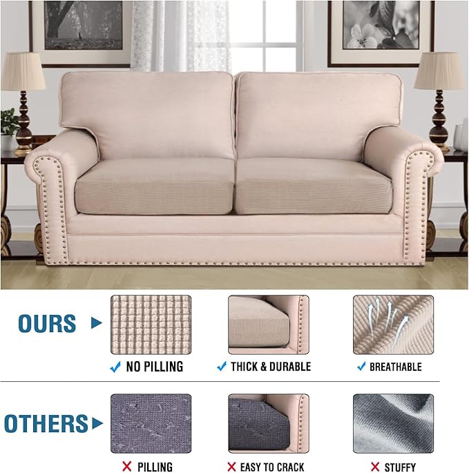 H.VERSAILTEX Super Stretch Individual Seat Sofa Covers Couch Slipcover Sets Thick Jacquard Textured Twill Fabric (2 Piece Large Sofa Cushion Covers, Sand)-Ruum Studio Home