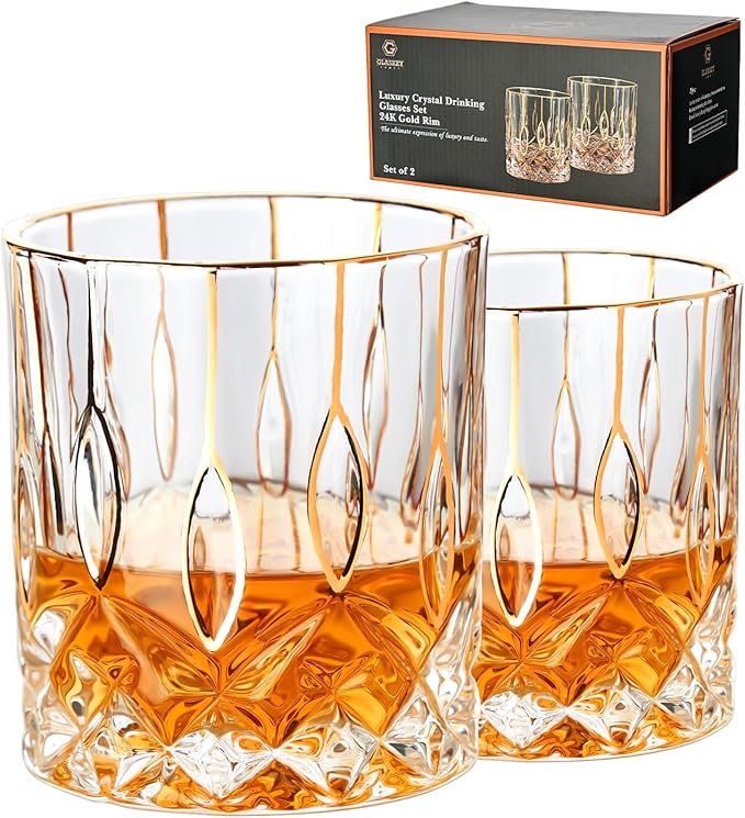 Gold Rim Whiskey Glasses Set of 2,Crystal Old Fashioned Glasses-Luxury Gold Collection,Perfect for Scotch Bourbon Rocks Cognac Vodka Gin Tequila Rum Liquor,Whiskey Gifts for Men-Ruum Studio Home