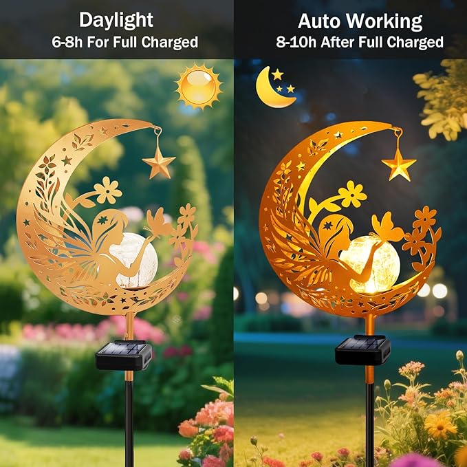 YJFWAL Garden Solar Fairy Lights Pathway Stake Lights Glass Globe with Moon Angel Decor, Gifts for Mom Grandma Friends, Outdoor Decor Light Waterproof for Walkway, Yard, Patio or Garden (Warm White)-Ruum Studio Home