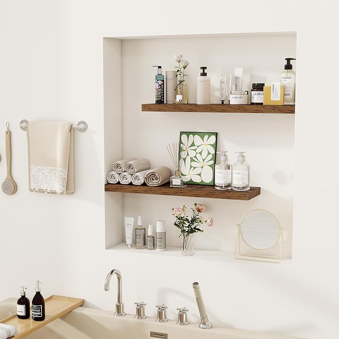 Fun Memories Floating Shelves for Wall, 24" Rustic Wood Deep Wall Mounted Shelves with Invisible Brackets for Decor & Storage, Floating Shelf for Living Room, Bathroom (Rustic Brown, Set of 2)-Ruum Studio Home