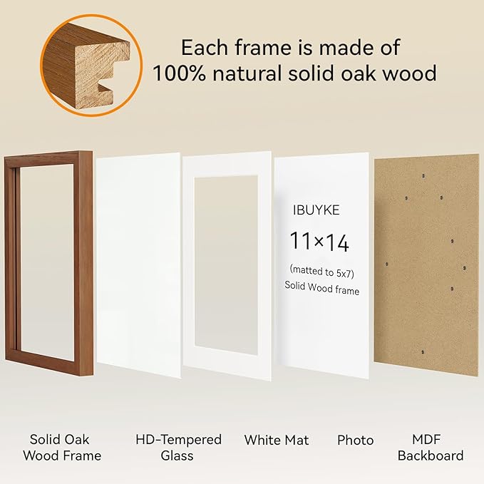 IBUYKE 11 x14 Picture Frame,Solid Oak Wood 11x14 Photo Frame with Mat to 8x10,11x14 Picture Frames With Tempered Glass,Wall Mount Display,Home Decor,Walnut Oak 14 x 11 Frame,UWPF1114H-Ruum Studio Home