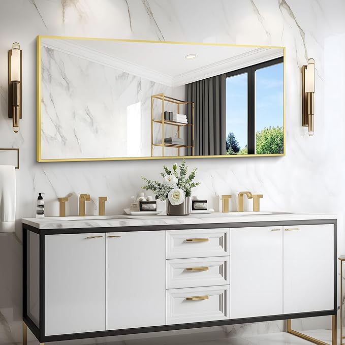 Gold Bathroom Mirror for Wall, 60x30 Inch Rectangle Mirrors with Metal Frame, Modern Vanity Wall Mirror Decor for Bathroom Living Room, Entryway Hangs Horizontal or Vertical-Ruum Studio Home