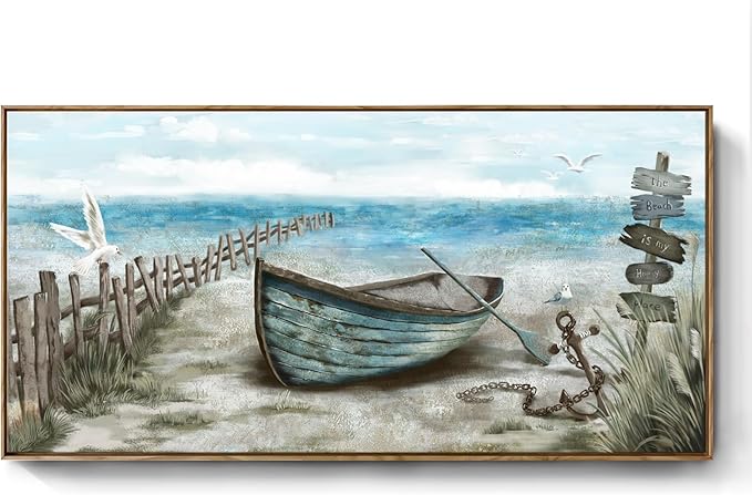 Large Framed Wall Art for Living Room Coastal Canvas Picture Seagull Vintage Boat Artwork Ocean Sea Bird Canvas Print Nautical Rowboat Blue Teal Rustic Beach Themed Farmhouse Bedroom Office Decor-Ruum Studio Home