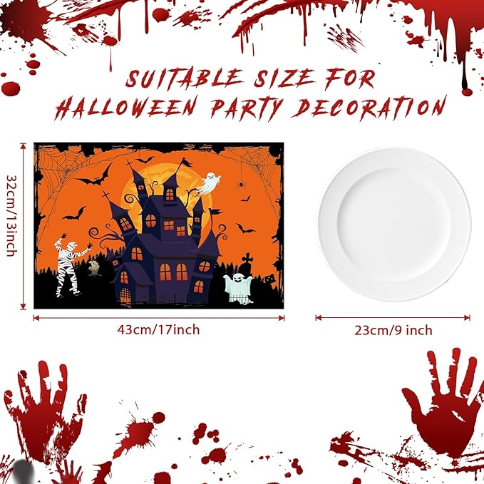 Plastic Placemats Set of 6 Halloween Table Mats - Trick or Treat Kitchen Decor - Wipe Clean, Washable, Recyclable - Orange Place Mats for Indoor/Outdoor - Heat Resistant - Kitchen/Dining Table-Ruum Studio Home