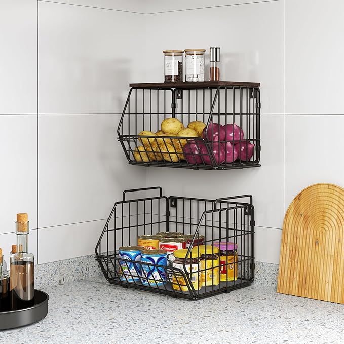 Wetheny 2 Tier Stackable Wall Mounted Wire Basket Fruit Basket with Wood Lid - Kitchen Pantry Organization and Storage, Hanging Storage Basket for fruits, Onion, Potato, Produce, Vegetable (Black)-Ruum Studio Home
