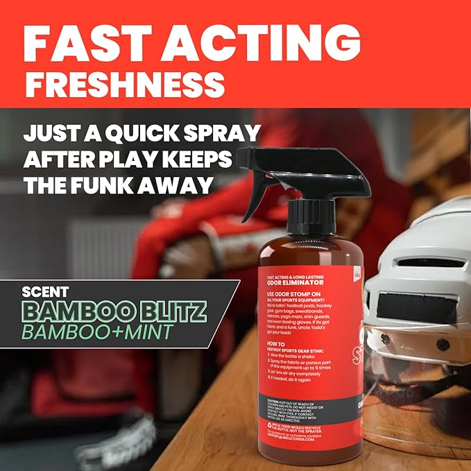 Uncle Todd’s Odor Stomp Sports Equipment Odor Eliminator Spray - Extra Strength Enzyme-Powered Deodorizer for Football, Hockey, Gym Bags, and Athletic Gear - Bamboo Blitz Scent - 16 oz-Ruum Studio Home