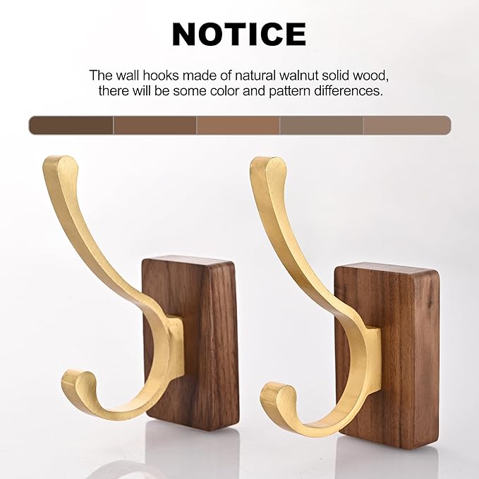 2 Pack Wooden Wall Hooks for Hanging, Adhesive Mounted Wall Mounted Boho Decorative Nature Wood Coat Hook for Towel Clothes Blanket Hat Backpack Robe Nursery Door Board Entryway Key Holder Gold-Ruum Studio Home
