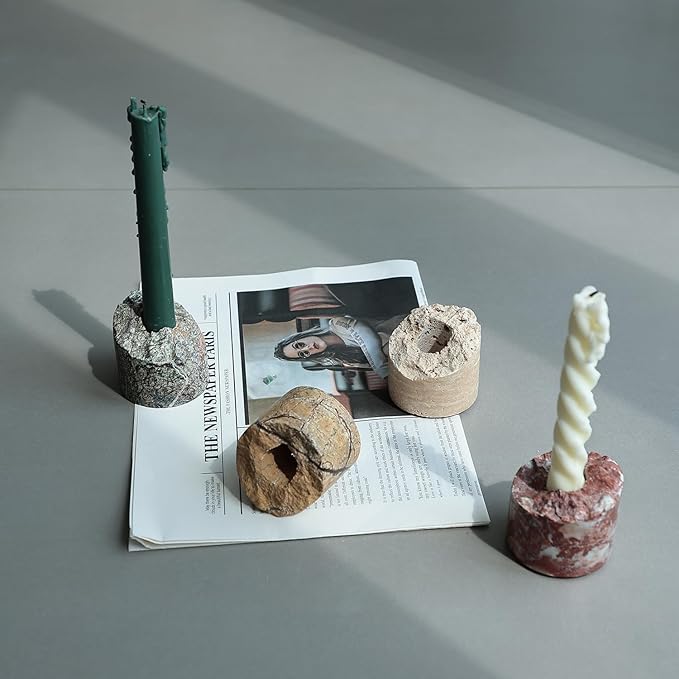 Travertine Candle Holder - Handmade Marble Candlestick Holder for Taper Candle - Vintage Small Stone Candle Sticks Holder Decor for Table Centerpieces, Wedding, Party, Fits 3/4 Inch Thick Candle-Ruum Studio Home