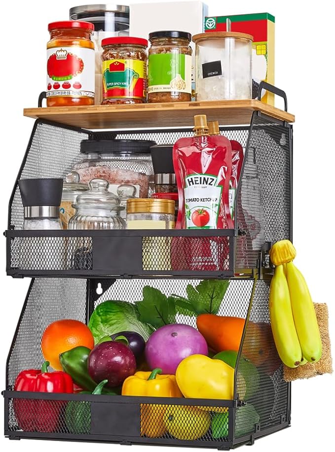 2 Tier Stackable Hanging fruit basket for kitchen counter,hanging Wall baskets with Bamboo Tops & Tag,Wire basket for Cabinet Shelf Countertop Pantry Organizer Bins, onion potato Vegs Bread Organizing-Ruum Studio Home