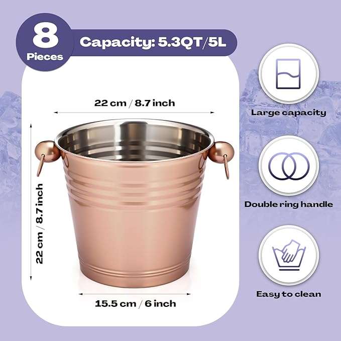 Amyhill 8 Pack Stainless Steel Ice Bucket 5.3 Quart/ 5 Liter with Handle Large Insulated Champagne Buckets Beer Bucket for Cocktail Bar Wine Parties Chilling Wine Champagne Home (Rose Gold)-Ruum Studio Home