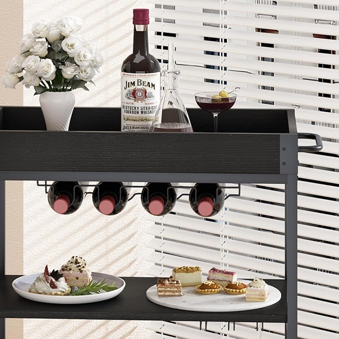Bar Cart Serving Wine 3 Tier Home Rolling Rack with Wheels Mobile Kitchen Industrial Vintage Style Wood Metal Serving Trolley Serving Cart, Drink Cart for Living Room Kitchen-Ruum Studio Home