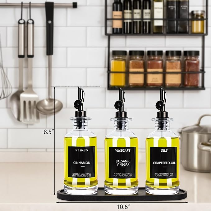 3PCS Olive Oil Dispenser Bottle For Kitchen, Soy Sauce Dispenser, Glass Oil and Vinegar Dispenser Set W. Wooden Tray & Labels & 3 Replacement Spouts, Coffee Syrup Dispenser-Ruum Studio Home