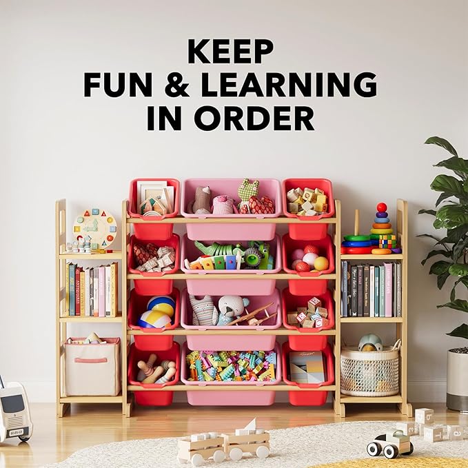 SpaceAid Toy Storage Organizer with 6 Shelves and 12 Bins, Toy Organizers Storage Bookshelf, Kids Bin Shelf Toys Box Bookcase for Bedroom Playroom Organization Room Decor, Red and Pink-Ruum Studio Home