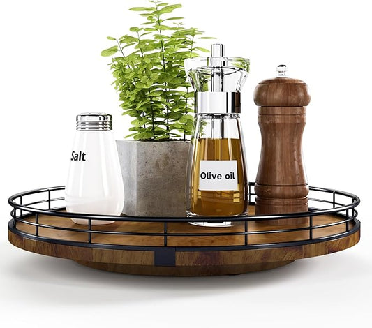 Farmhouse Oak 12" Lazy Susan Turntable Organizer for Cabinet, Round Wooden Lazy Susan Organization and Storage for Dining Table, Pantry, Kitchen, Countertop, Cupboard,Home Decor, Walnut Wood-Ruum Studio Home