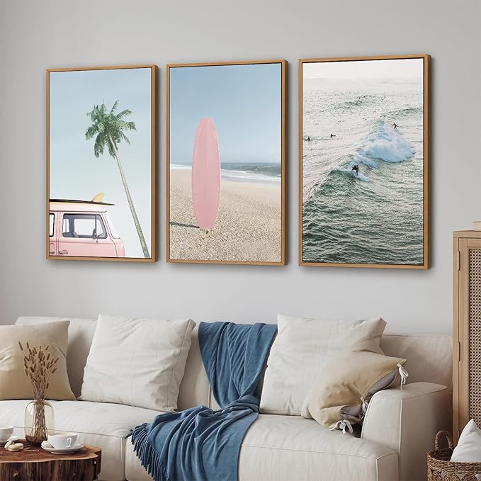 Tinonedraw Large Ocean Beach Framed Canvas Wall Art, Summer Coastal Surfboard Wall Decor, Palm Tree Pink Car Artwork, Modern Surfing Seascape Art Prints for Living Room Bedroom Office 16"x24"x3-Ruum Studio Home