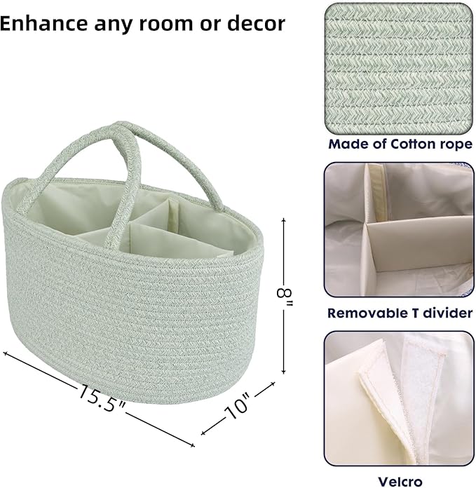 Diaper Caddy Organizer Cotton Rope Baby Basket Nursery Storage and Portable Tote Bag for Car Ideal Baby Shower Gifts and Registry Must-Have for Newborn Essentials Large light green-Ruum Studio Home
