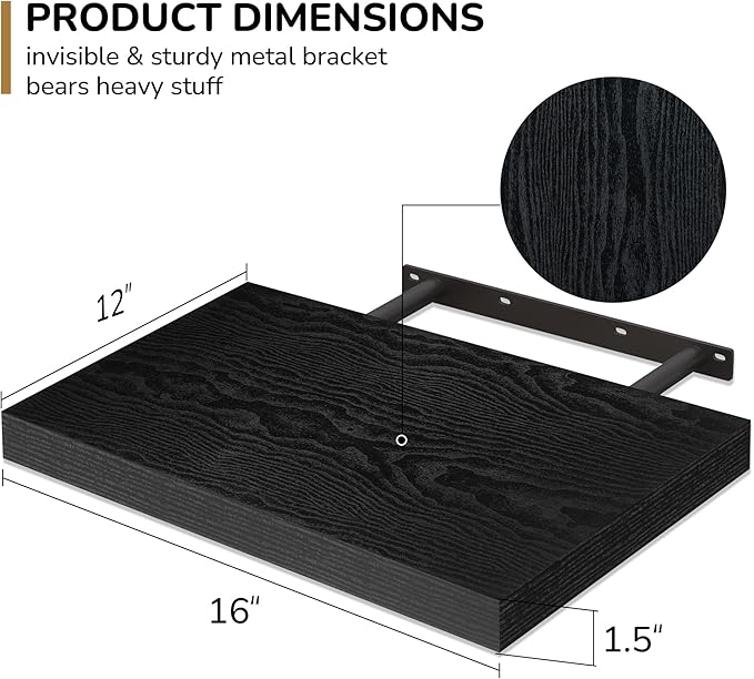 Fun Memories Floating Shelves - 2 Pack 12 Inch Deep Rustic Wooden Wall Shelves - Extra Deeper & Thicker Wall Mounted Storage Shelf for Kitchen, Farmhouse - 16" W x 12" D x 1.5" H - Rustic Black-Ruum Studio Home