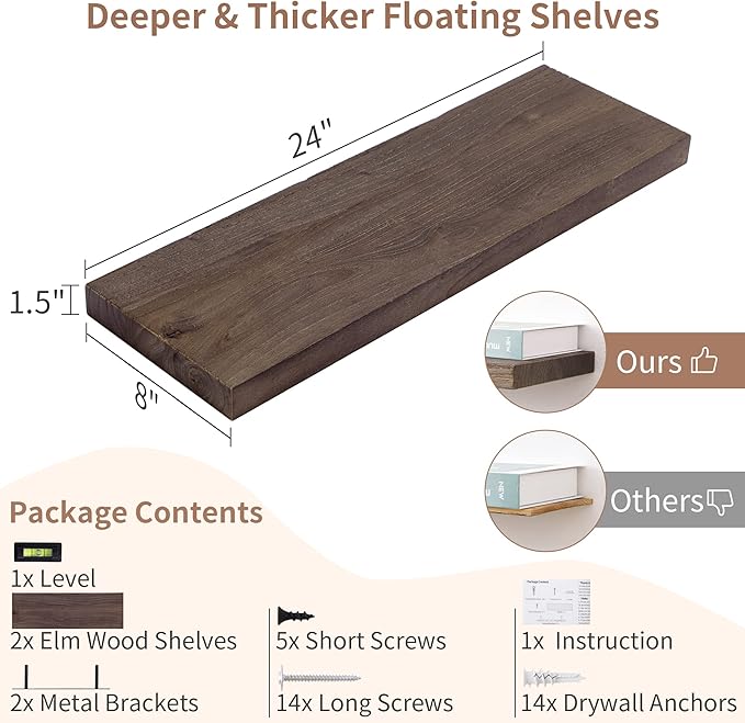 Axeman Floating Shelves for Wall, 24''W x 8'' D Rustic Solid Elm Wood Shelves for Storage, Wall Mounted Display Shelving with Invisible Heavy-Duty Metal Bracket (Walnut, 2PCs)-Ruum Studio Home