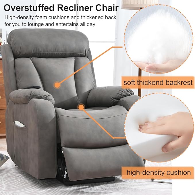 Power Lift Chair Recliners for Elderly, Modern Overstuffed Electric Seniors Recliner Chair with Remote Control Side Pocket for Living Room Bedroom (Dark Grey)-Ruum Studio Home