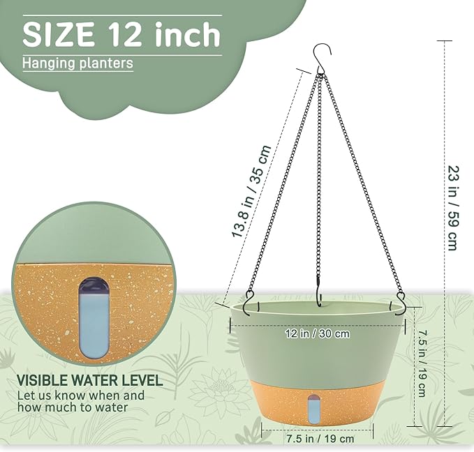 ZMTECH 12 Inch Hanging Planters for Indoor Plants, 2 Pack Self Watering Hanging Planter with Visual Reservoir, Hanging Pots for Plants Outdoor with Drainage Hole and Plant Hanger(Green)-Ruum Studio Home