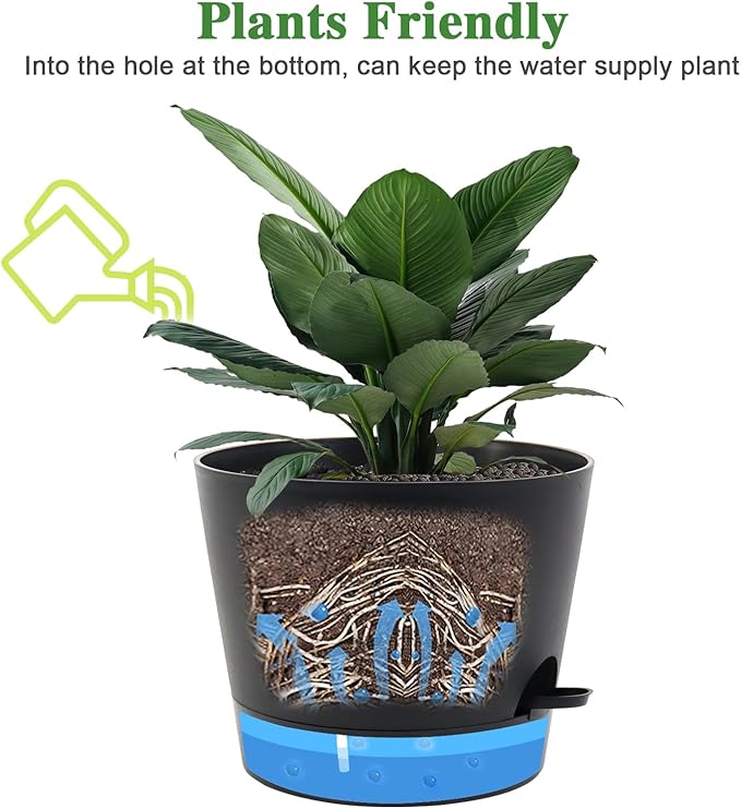 Self Watering Pots for Indoor Plants,12 inch Planters with Drainage Holes Plastic Flower Pots with Deep Reservoir, Black-Ruum Studio Home
