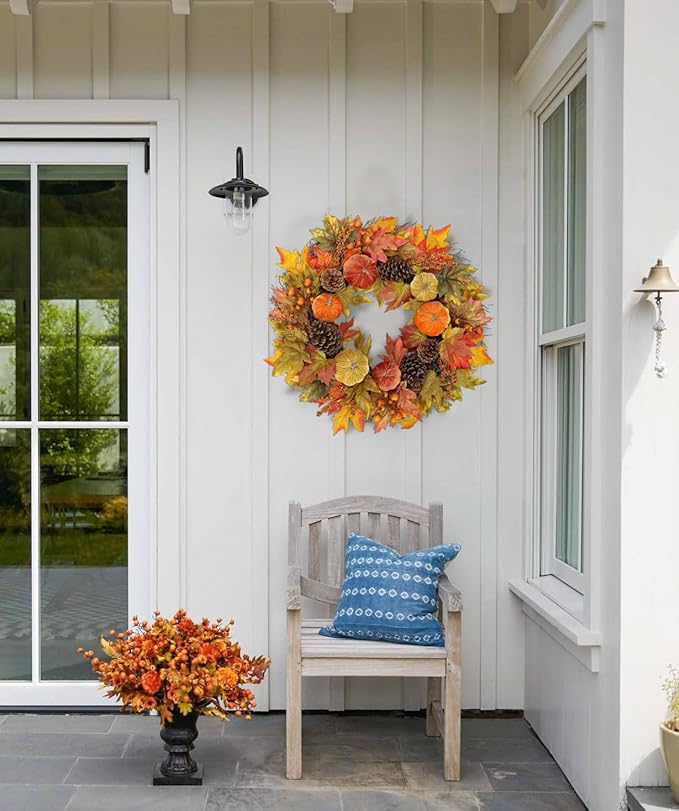 Fall Wreaths for Front Door 26'' Autumn Velvet Pumpkin Wreath with Metal Hook Large Harvest Maple Wreath Fall Decoration for Home Halloween Thanksgiving Decoration, Briful-Ruum Studio Home