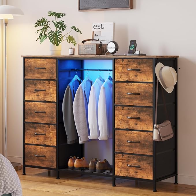 LUMTOK 55W 2-in-1 Dresser with Hanging Rack, 10 Drawers Dresser for Bedroom,Dressers with Fabric Drawers,LED Lights, Charging Station and Hanging Racks for Bedroom (Rustic Brown)-Ruum Studio Home