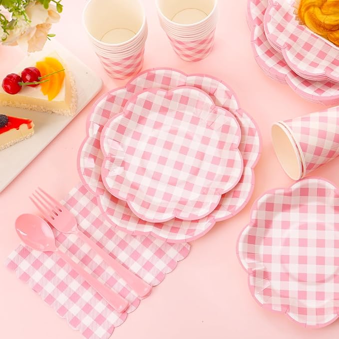 350 Pcs Pink Gingham Plates and Napkins Party Supplies - Pink and White Checkered Plates Sets Serve 50 Guests - Scalloped Gingham Paper Plate for Birthday Wedding Picnic Party Decorations-Ruum Studio Home