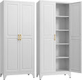 Kitchen Pantry Cabinet,75”White Metal Storage Cabinets with Doors and 4 Adjustable Shelves,Kitchen Cabinet with 2 Gold Handles,Tall Cabinet for Livingroom,Pantry, Bathroom-Ruum Studio Home