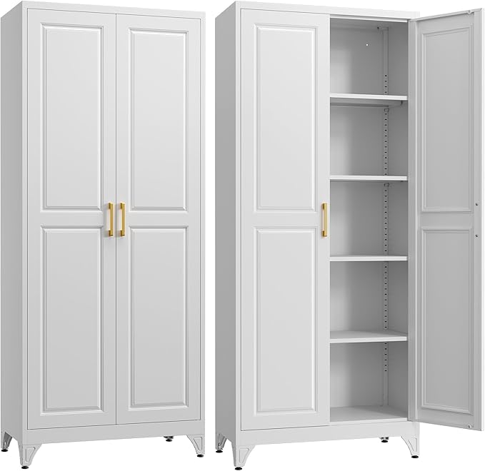 Kitchen Pantry Cabinet,75”White Metal Storage Cabinets with Doors and 4 Adjustable Shelves,Kitchen Cabinet with 2 Gold Handles,Tall Cabinet for Livingroom,Pantry, Bathroom-Ruum Studio Home