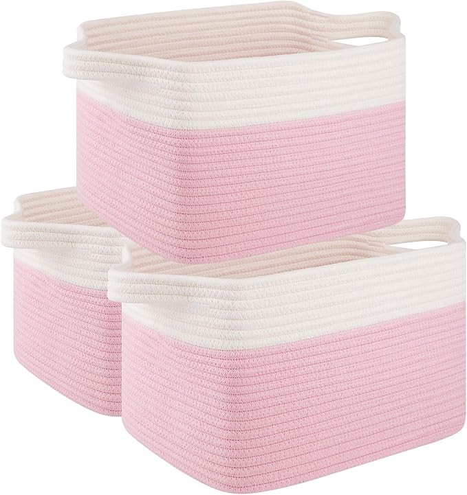 OIAHOMY 3 Pack Storage Basket for Organizing, 13''X9.85''X8.7'' Woven Storage Bins with Handles, toy organizers,Stylish Room Decor, Pink & white-Ruum Studio Home