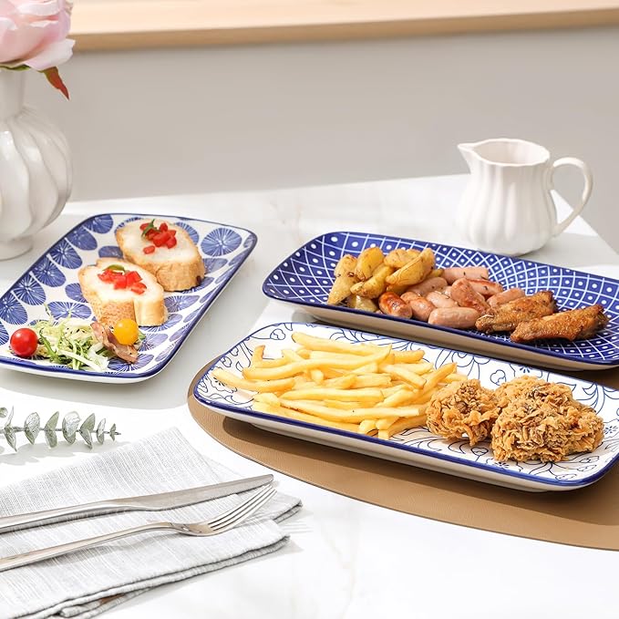 Selamica Ceramic Rectangular Serving Platters Set of 4, 12 Inch Serving Trays/Dishes for Party Entertaining, Rectangular Dinner Plates for Appetizer Salad Dessert Sushi, Vintage Blue-Ruum Studio Home