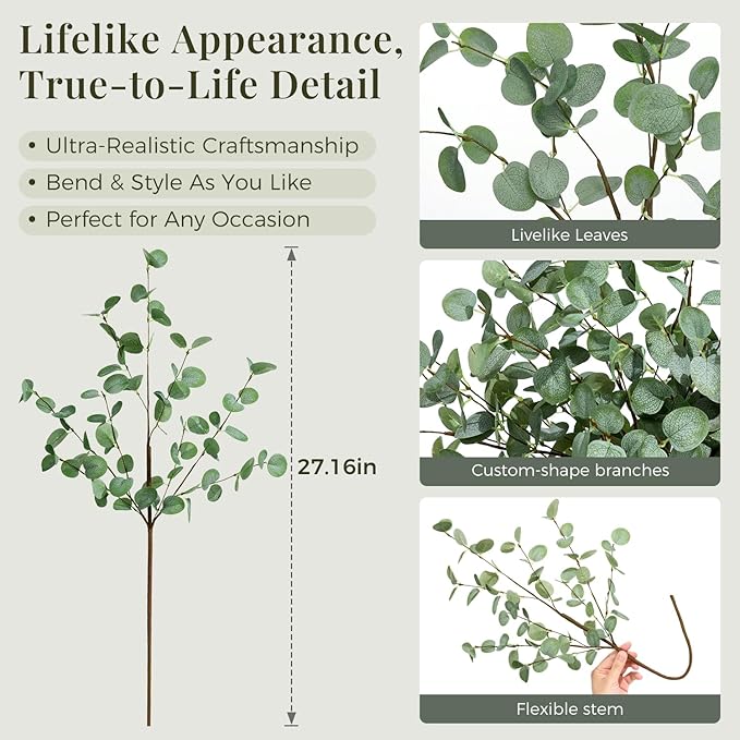 8Pcs Faux Eucalyptus Stems, 27" Artificial Eucalyptus Plants with White Frosted Coating, Fake Eucalyptus Decor Silk Greenery Leaves for Wedding Bouquets Home Decor DIY Floral Arrangements-Ruum Studio Home