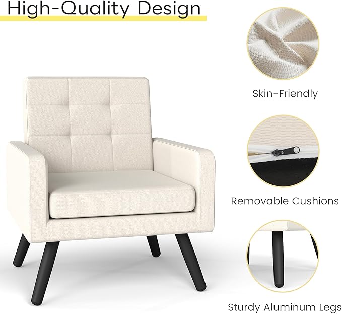 Kromax Mid-Century Modern Accent Chair for Living Room, 496 Lb. Weight Capacity, Dual Armrests, Comfy Extra Large Seat, Timeless Style Perfect for Reading & Relaxing, Beige-Ruum Studio Home
