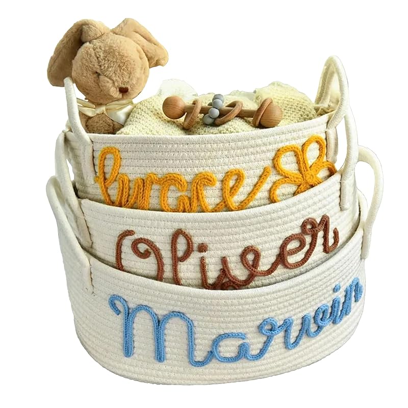 Personalized Baby Name Basket, Custom Woven Baby Shower Gift Basket with Cotton Rope Handle Baby Diaper Nursery Shelf Storage Basket Bin for Kids' Bedroom (Style 4)-Ruum Studio Home